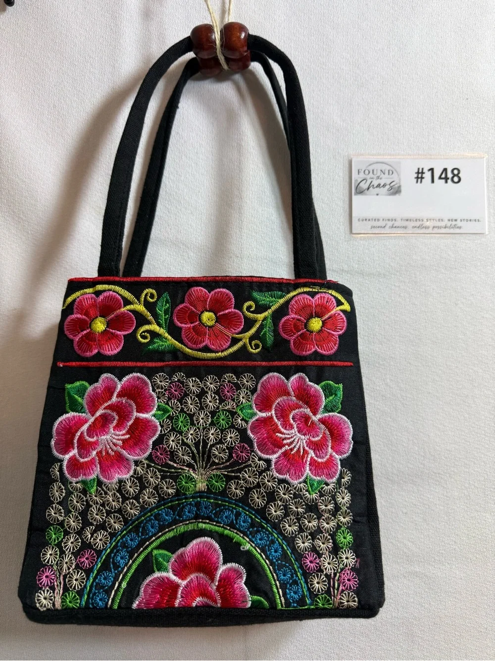 Embroidered Mini Floral Tote with Bead Accents